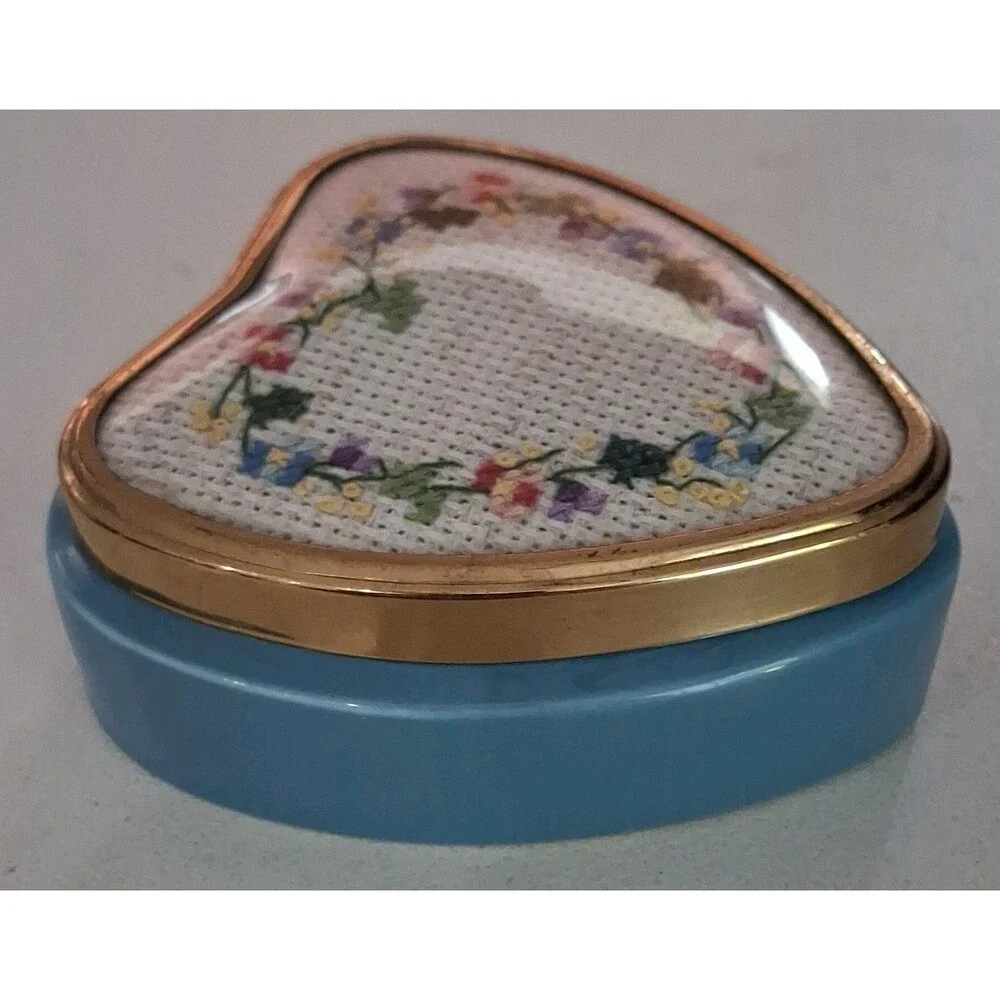 Vintage Count On Me Blue Heart Trinket Box Floral Needlepoint Lid Ceramic MadeUK